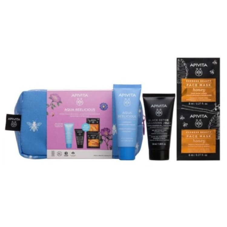 Apivita set - Aqua Belicious bogata krema 40ml + Crni Detox gel 50ml + Med maska 2x8ml
